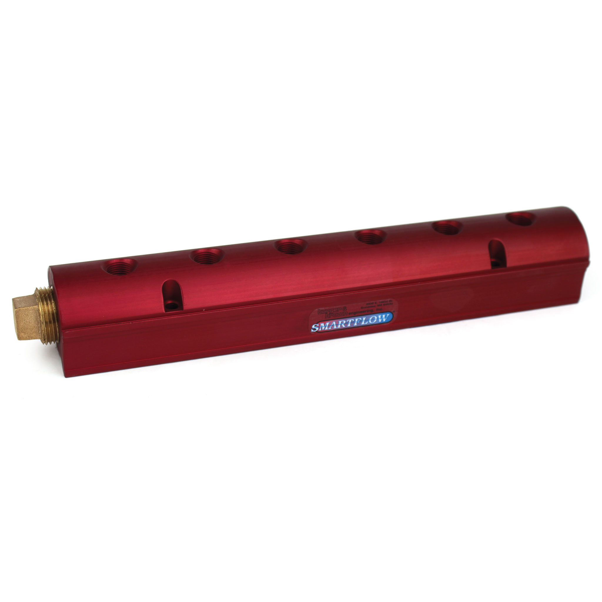 Manifold, Red Aluminum, (2) 3/4" Inlets and (6) 3/8" Ports, with (1) Bronze End Plug - Image 1