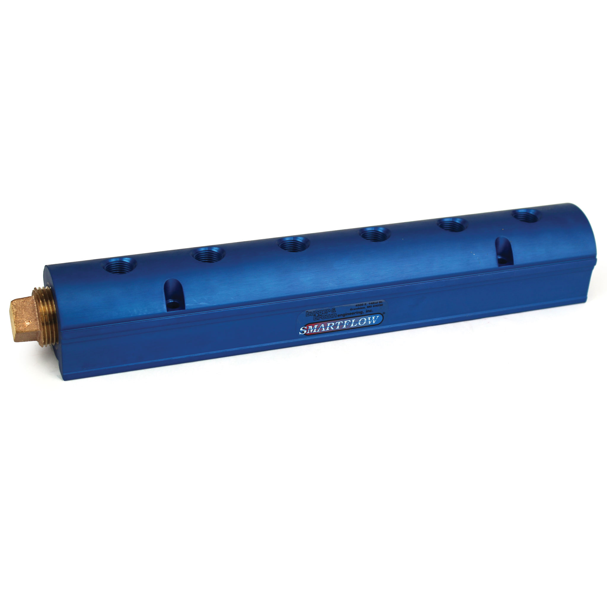 Manifold, Blue Aluminum, (2) 3/4" Inlets, (6) 3/8" Ports, with (1) Bronze End Plug - Image 1