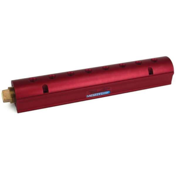 Manifold, Red Aluminum, (2) 3/4" Inlets and (8) 1/4" Ports, with (1) Bronze End Plug
