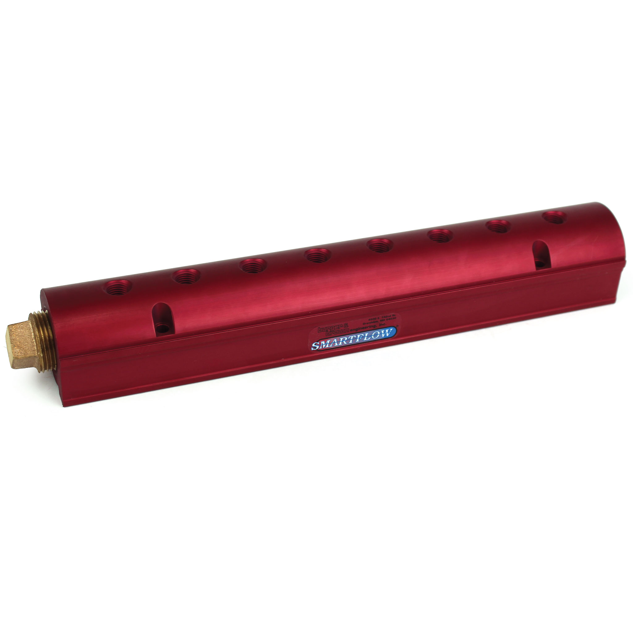 Manifold, Red Aluminum, (2) 3/4" Inlets and (8) 1/4" Ports, with (1) Bronze End Plug - Image 1