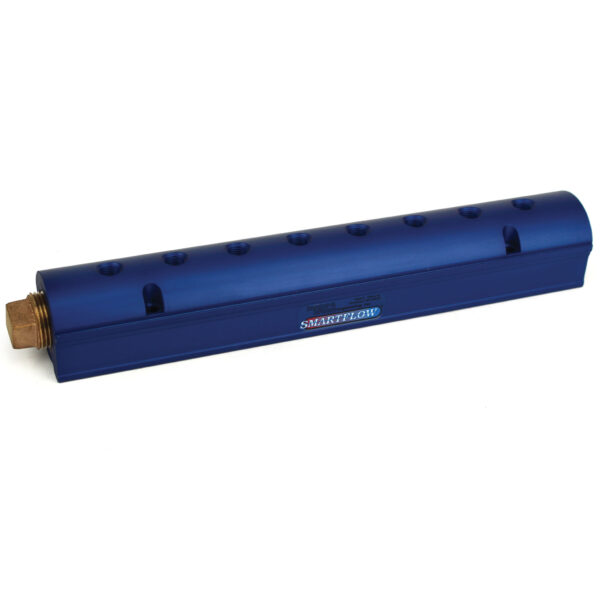 Manifold, Blue Aluminum, (2) 3/4" Inlets and (8) 1/4" Ports, with (1) Bronze End Plug