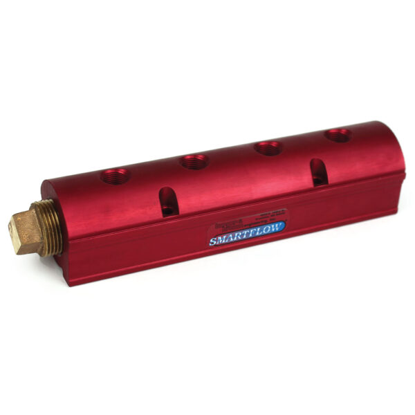 Manifold, Red Aluminum, (2) 1" Inlets and (4) 3/8" Ports, with (1) Bronze End Plug