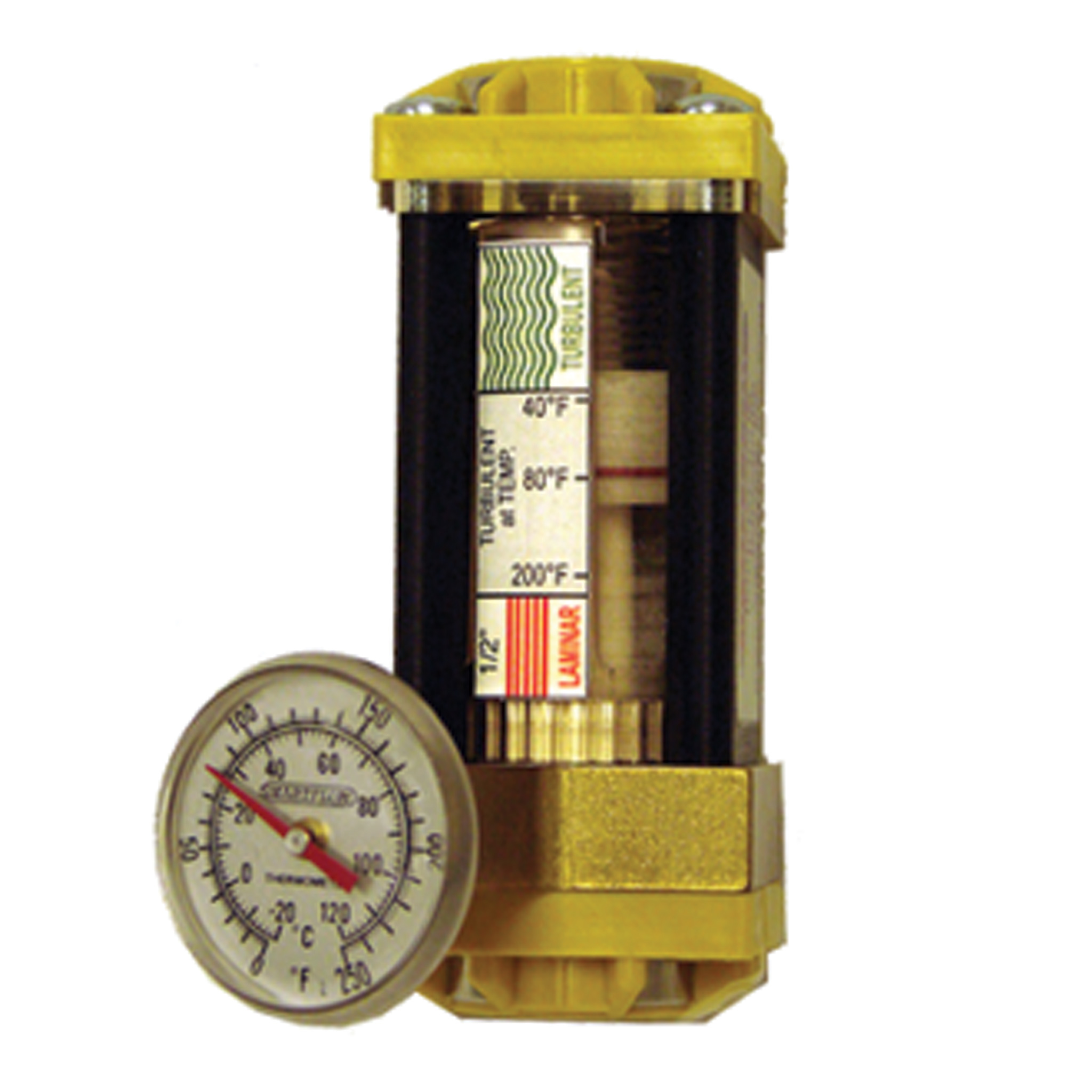 Dr. Eddy Flowmeter with FCI Technology, 1/4" NPT, Brass End Caps, with Thermometer - Image 1