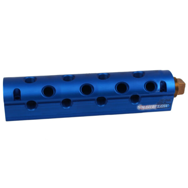 Manifold, Blue Aluminum (20) 3/8" Ports and (2) 1" Inlets with (1) Brass End Plug