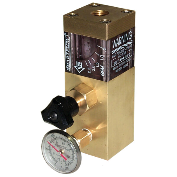 Flow Regulator, Brass, 1/2" NPT Inlet, 3/8" Outlet, 1.5 gpm, with Temperature Gauge