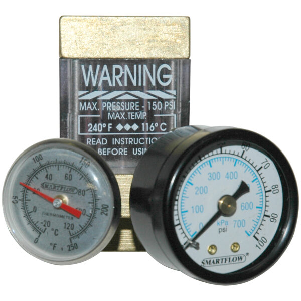 Flowmeter, 1/4" NPT, 2.5 gpm, Brass, Thermometer and Pressure Gauge (100 psi)