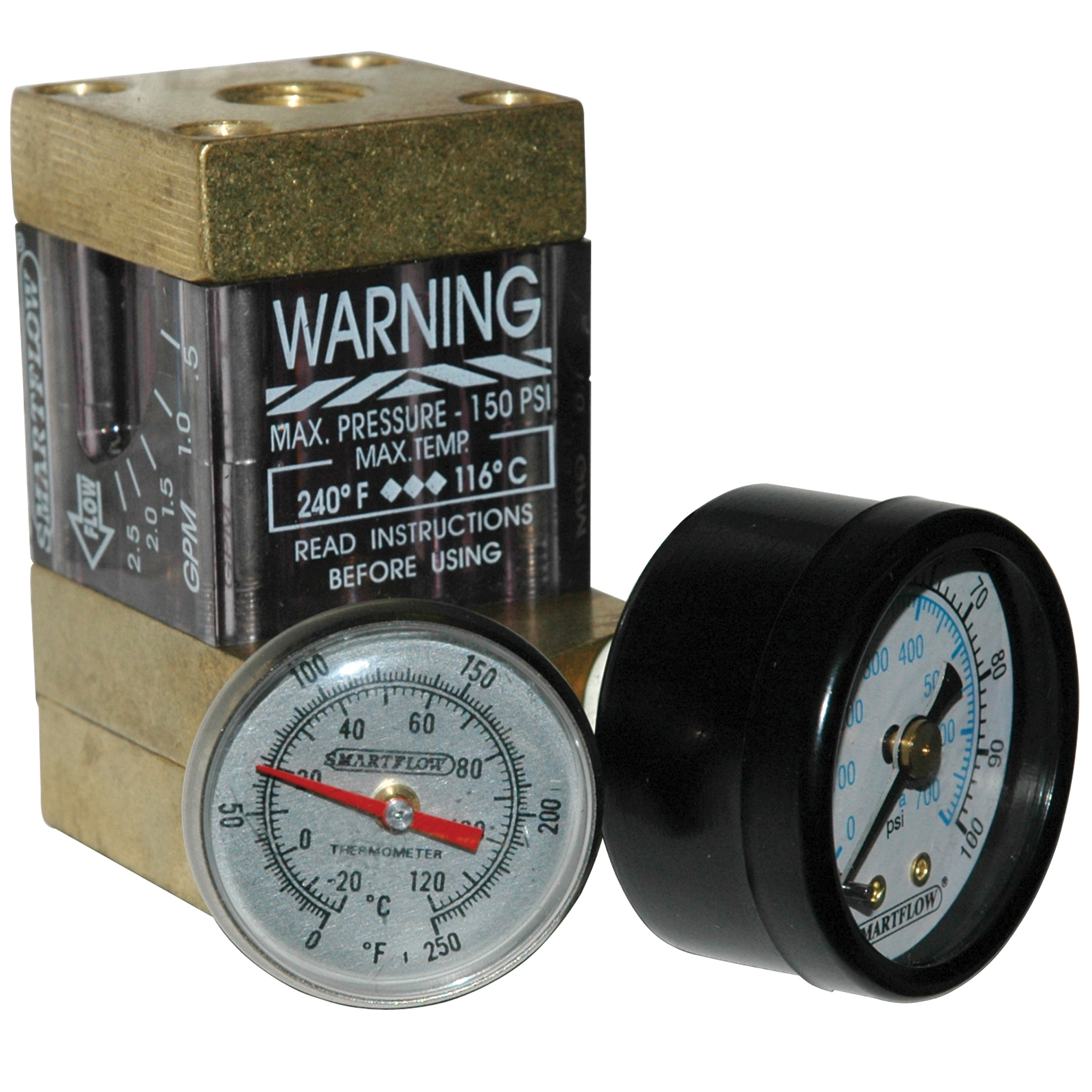Flowmeter, 1/4" NPT, 2.5 gpm, Brass, Thermometer and Pressure Gauge (100 psi) - Image 2