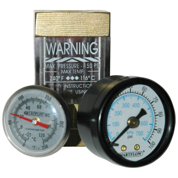 Flowmeter, 1/2" NPT, 8.0 gpm, Brass, Thermometer and Pressure Gauge (100 psi)