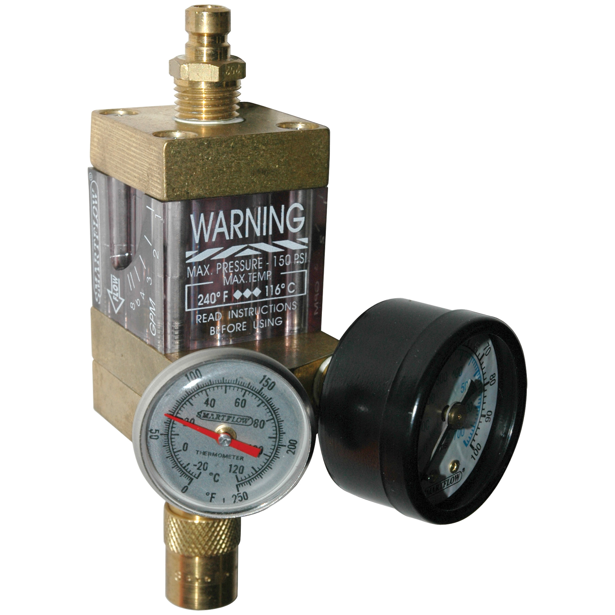 Flowmeter, 1/4" NPT, 8.0 gpm, Brass, Thermometer, Pressure Gauge (100 psi), QD