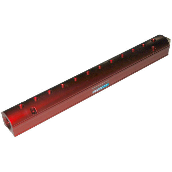 Manifold, Red Aluminum, (2) 3/4" Inlets and (12) 3/8" Ports, with (1) Bronze End Plug