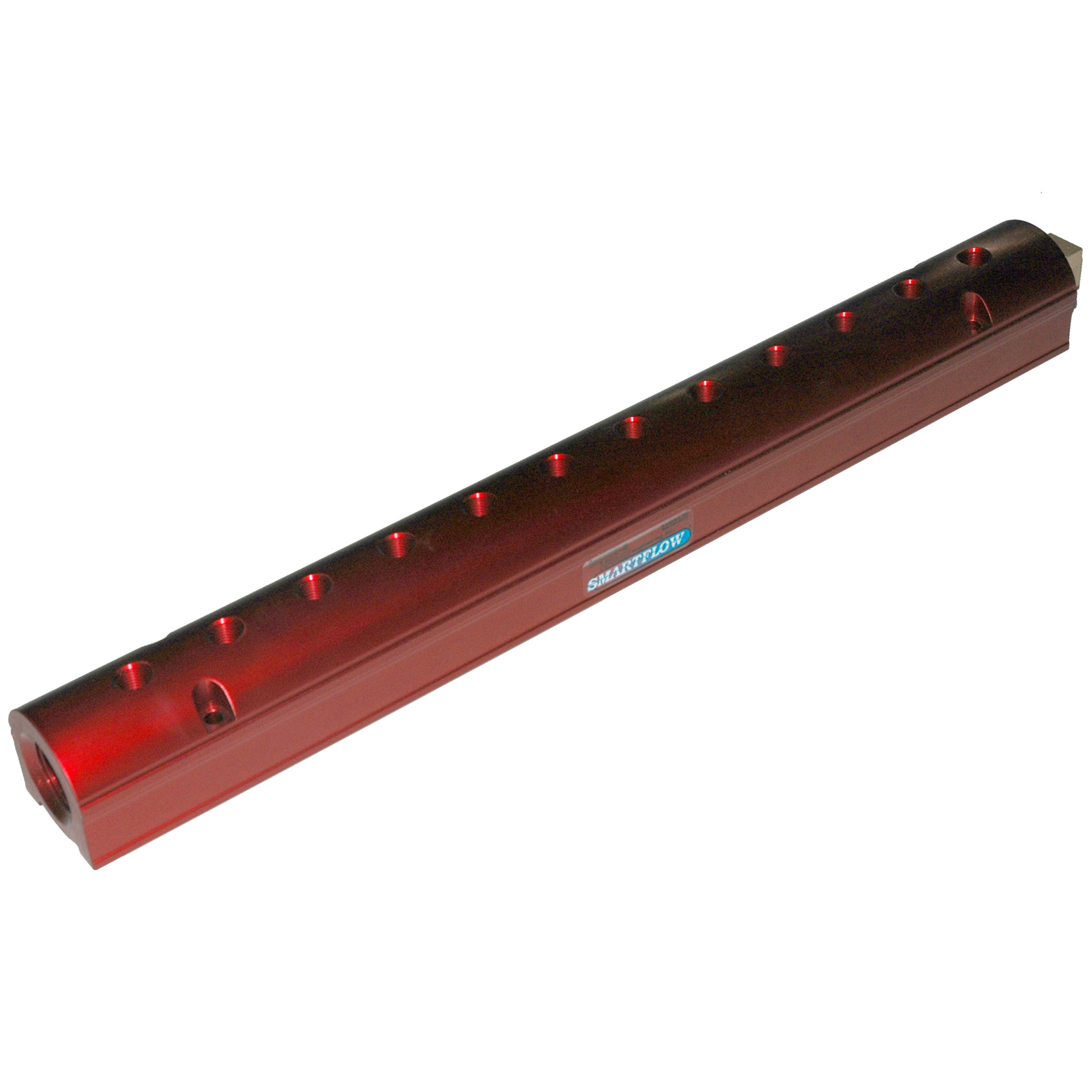 Manifold, Red Aluminum, (2) 3/4" Inlets and (12) 3/8" Ports, with (1) Bronze End Plug - Image 1