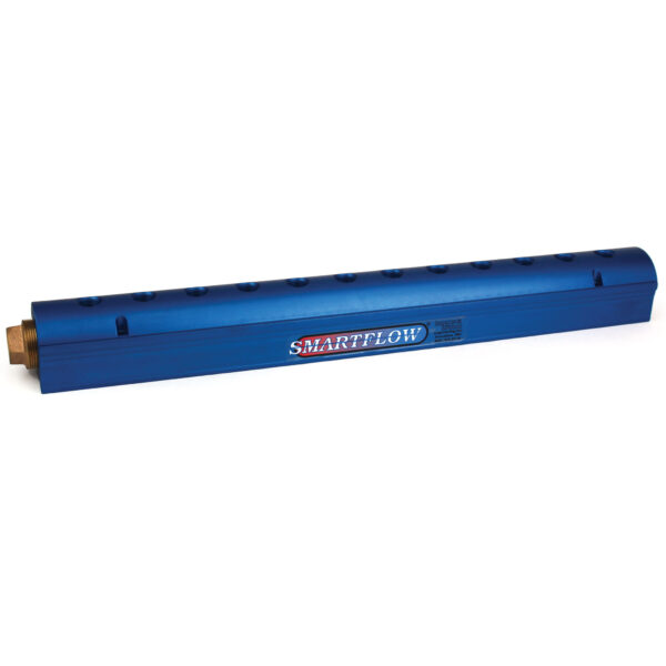 Manifold, Blue Aluminum, (2) 3/4" Inlets and (12) 3/8" Ports, with (1) Bronze End Plug