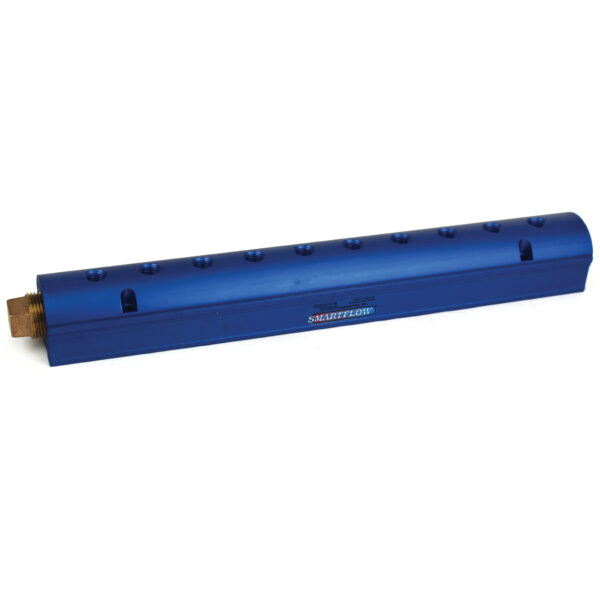 Manifold, Blue Aluminum, (2) 3/4" Inlets and (10) 1/4" Ports, with (1) Bronze End Plug