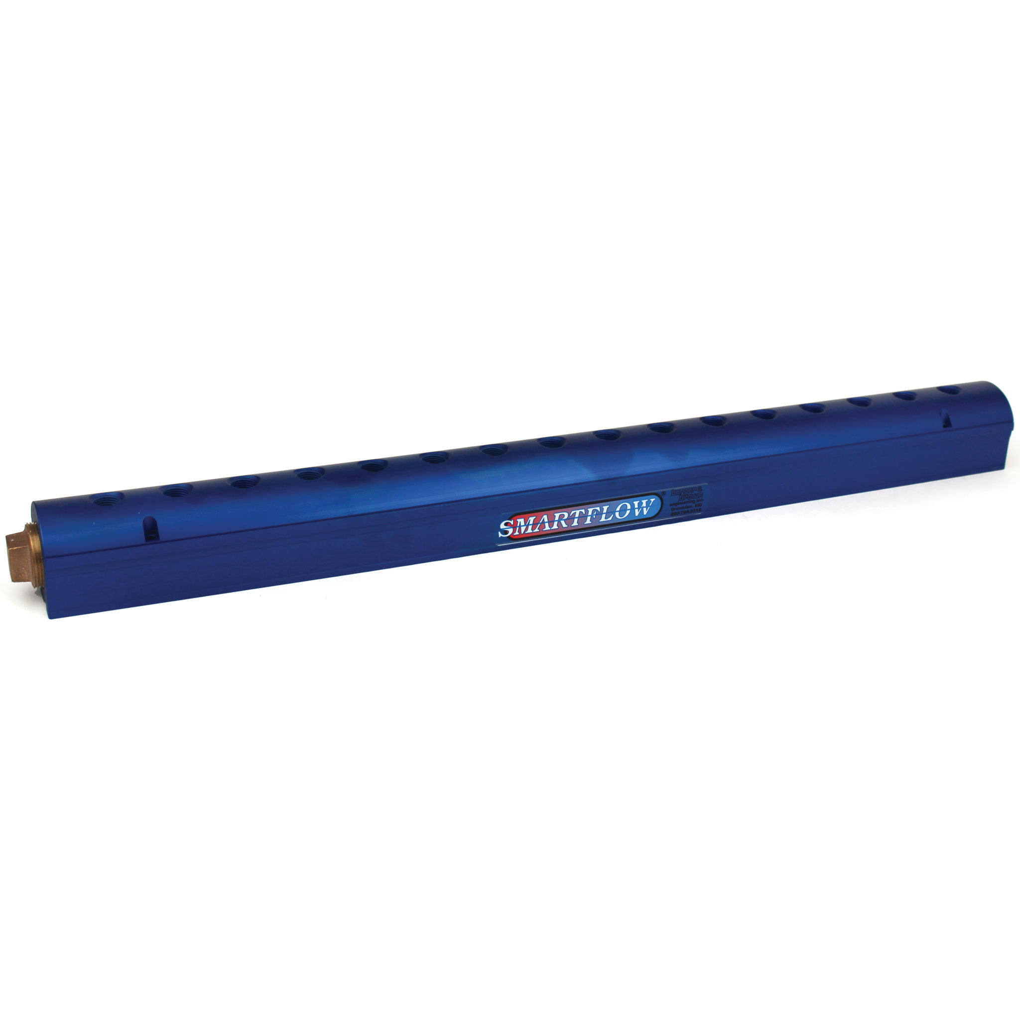 Manifold, Blue Aluminum, (2) 3/4" Inlets and (16) 3/8" Ports, with (1) Bronze End Plug - Image 1